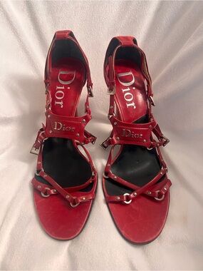 Dior Bondage Red Leather Studded Strappy Heels